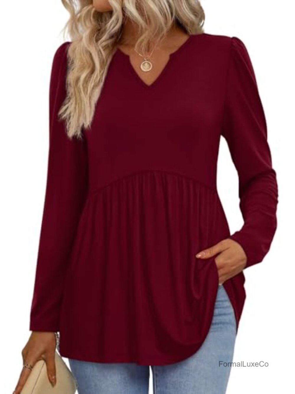 Womens Long Sleeve Babydoll Peplum Top V Neck Tunic Business Casual Blouse